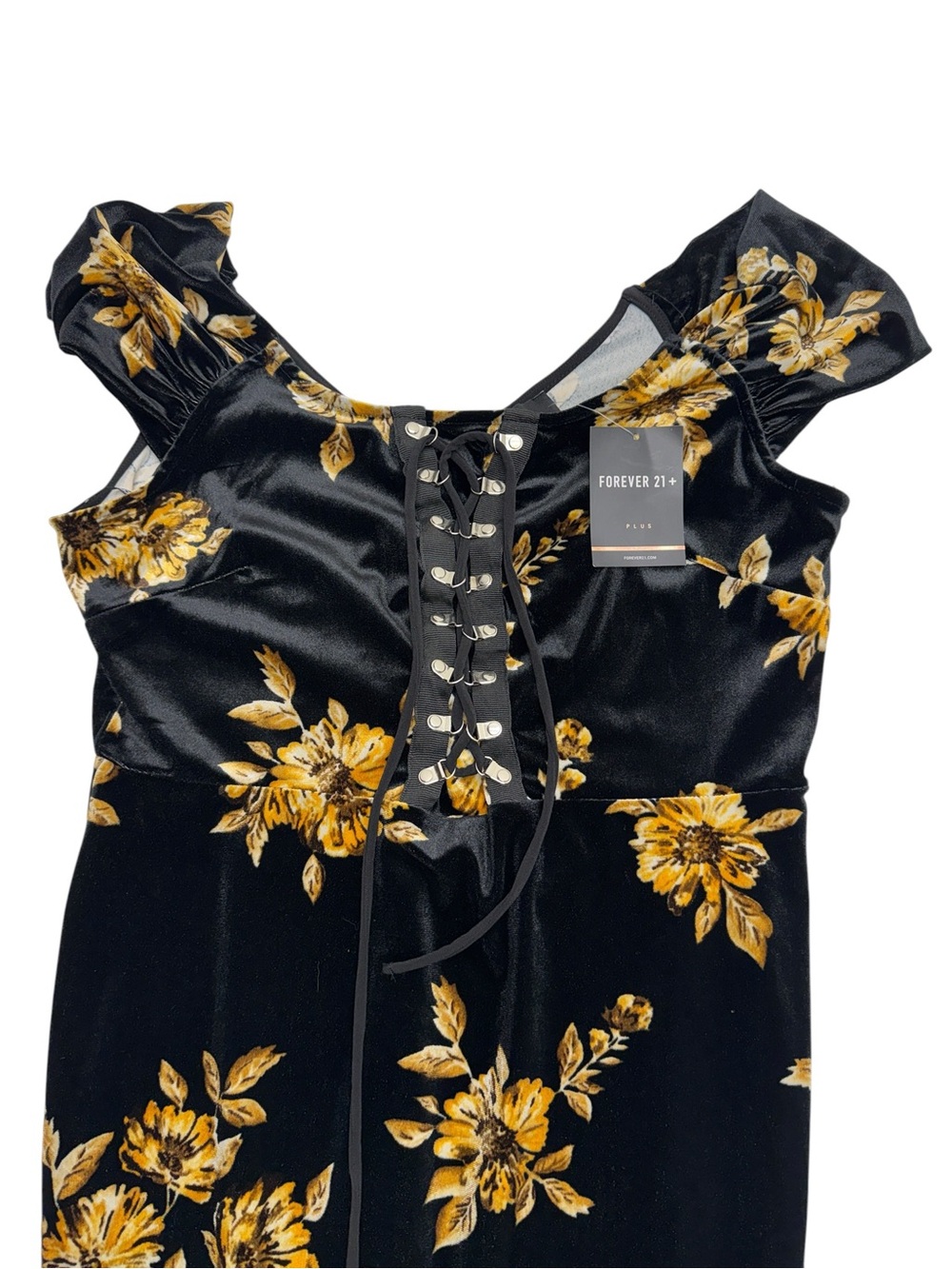 FOREVER 21 PLUS Women’s 0X Black Velvet Floral Mini Dress with lace-up corset - Picture 3 of 4